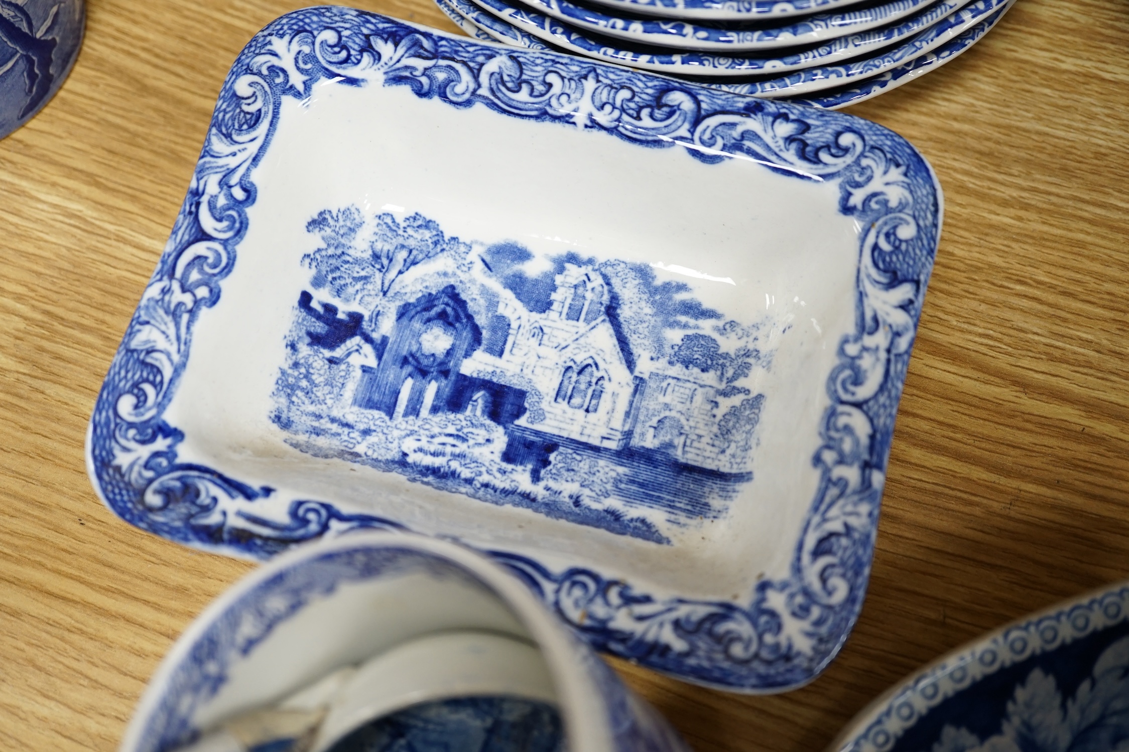 A collection of blue and white Spode Italian dinnerware to include mugs, plates and lidded tureen, largest 37cm wide. Condition - poor to fair